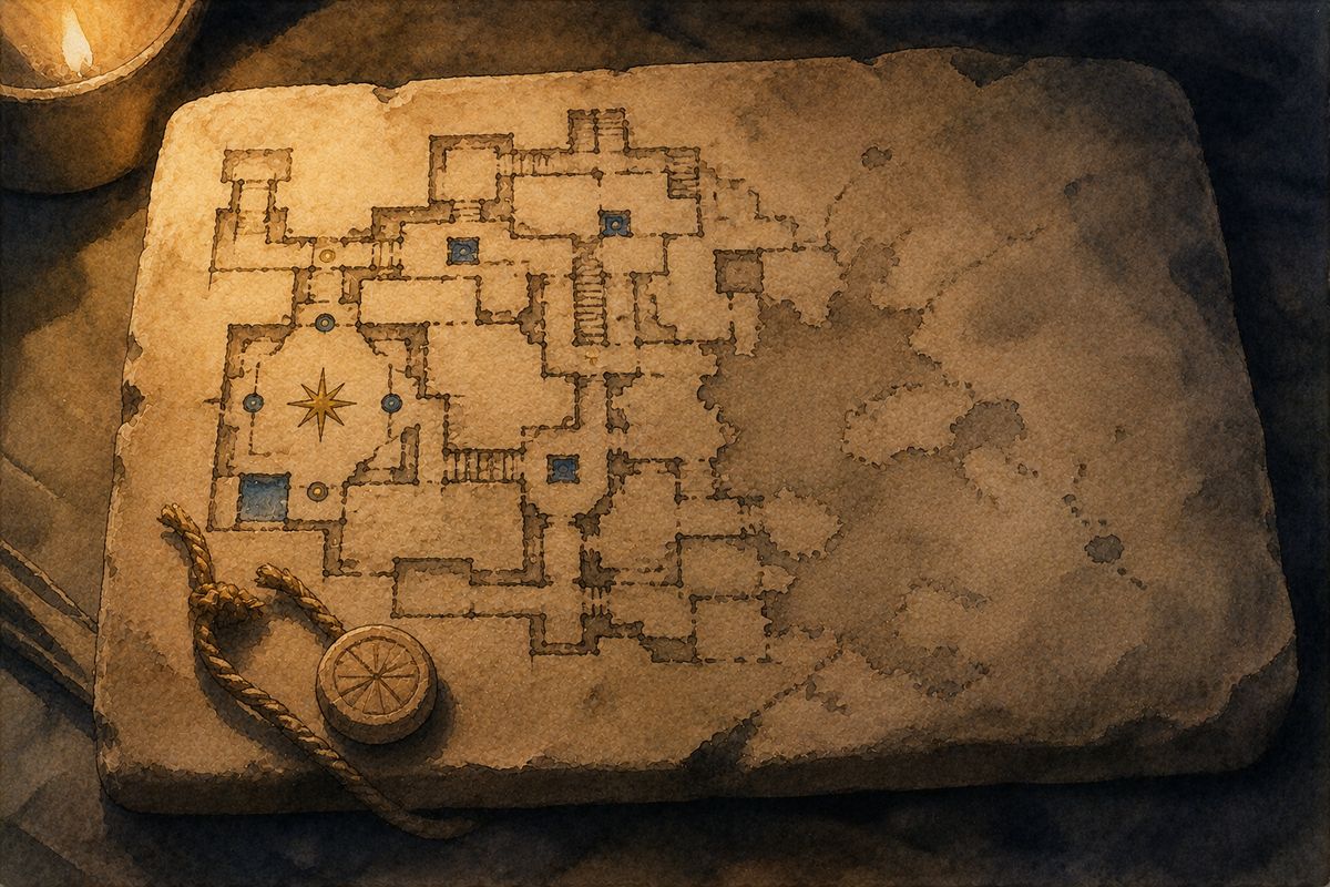 A hand-inked plan of chambers and stairs on a worn clay tablet, half of it dissolving into unmarked clay.