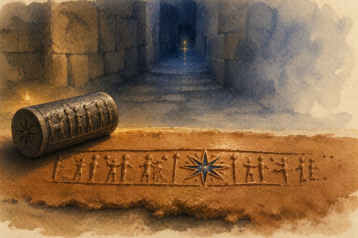 A cylinder seal freshly rolled into soft clay, leaving one crisp star impression in lamplight.