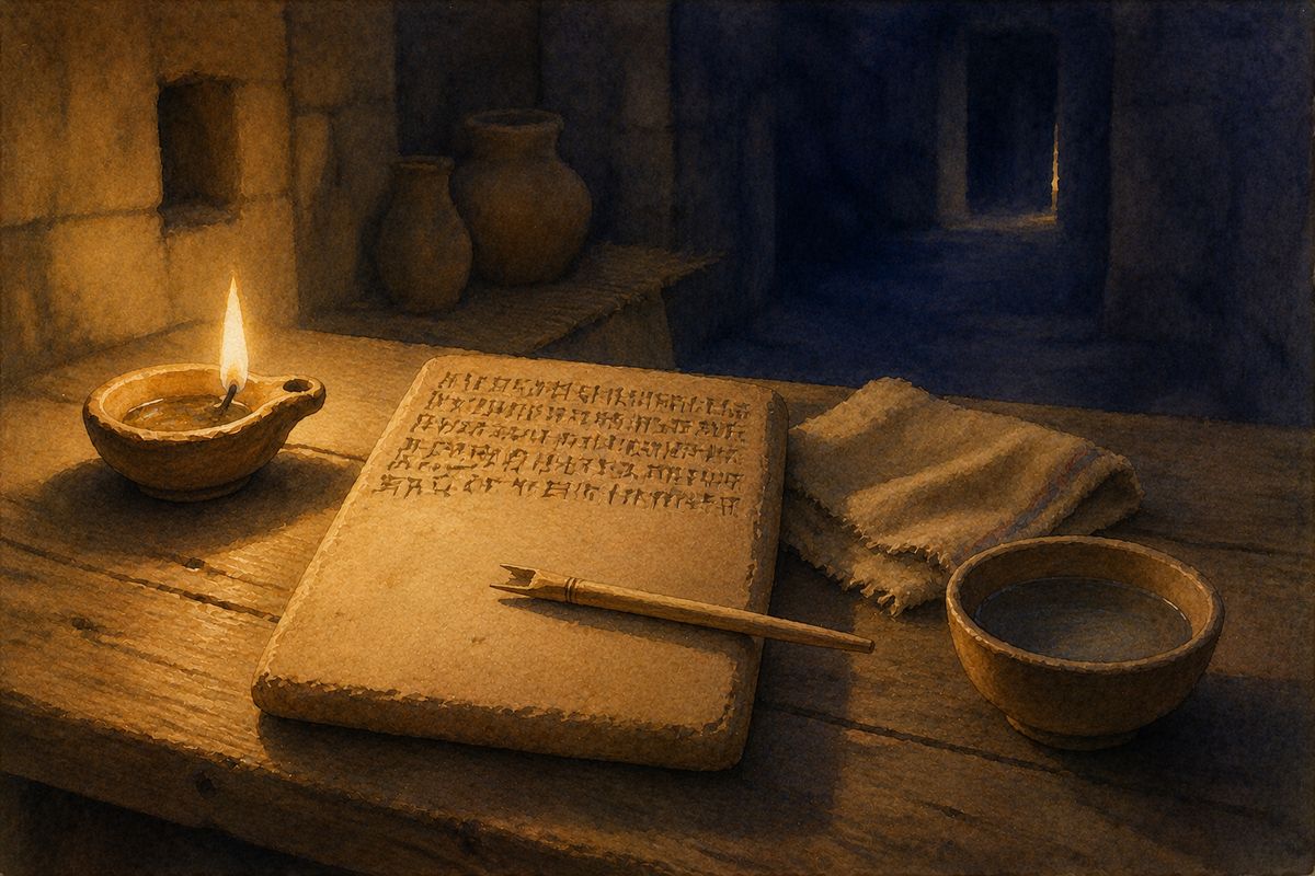 A half-inscribed clay tablet with the stylus set down across it, an oil lamp still burning beside it.