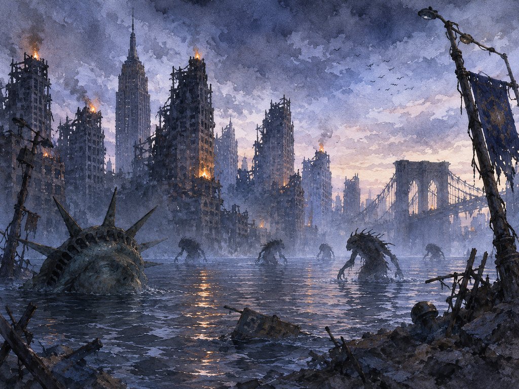 A drowned skyline beneath dark water.